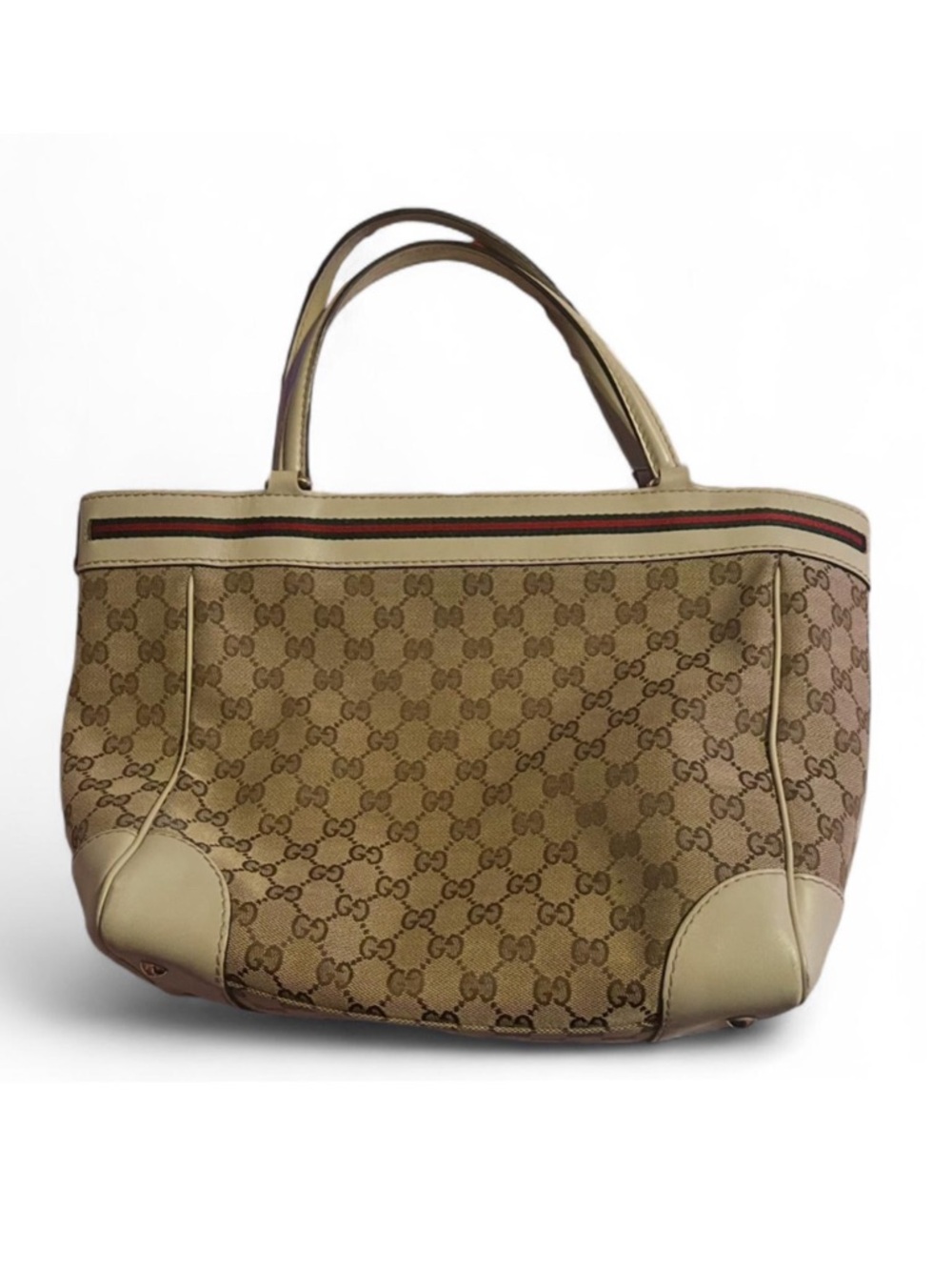 Gucci Beige GG Canvas Tote with Cream Leather Trim and Web Stripe - Picture 2 of 4